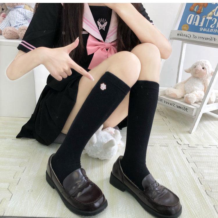 Japanese School Offering Sense Jk Socks Women'S Gold And Silver Silk Embroidery Badge Half-Leg Socks Medium Tube Uniform Socks Black And White Calf