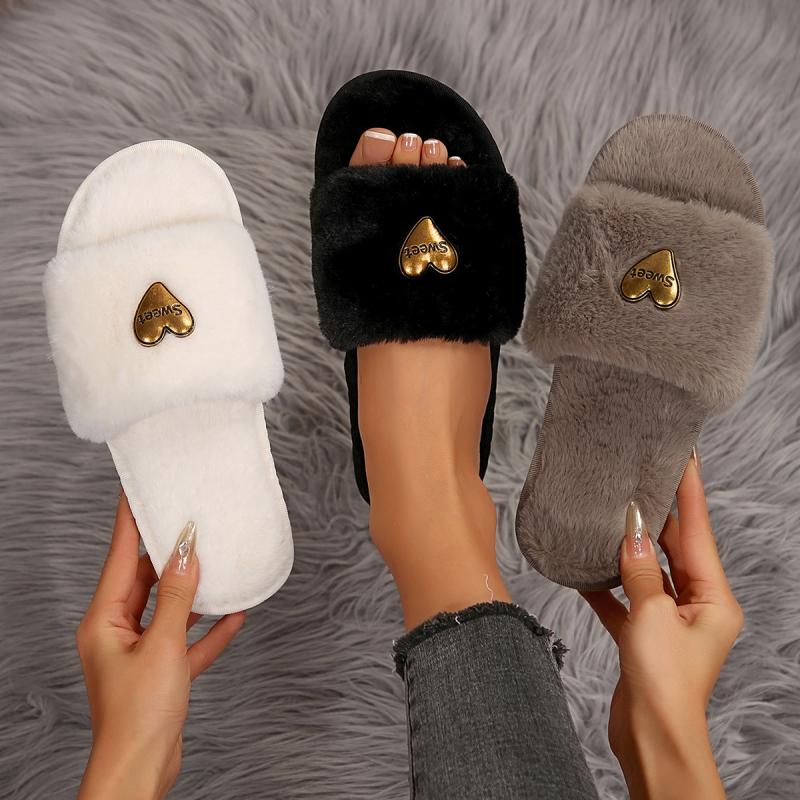 Fashion Heart Decor Plush Slippers for Women Winter Warm Comfortable Indoor Floor Slippers Woman Open Toe Fluffy House Slides