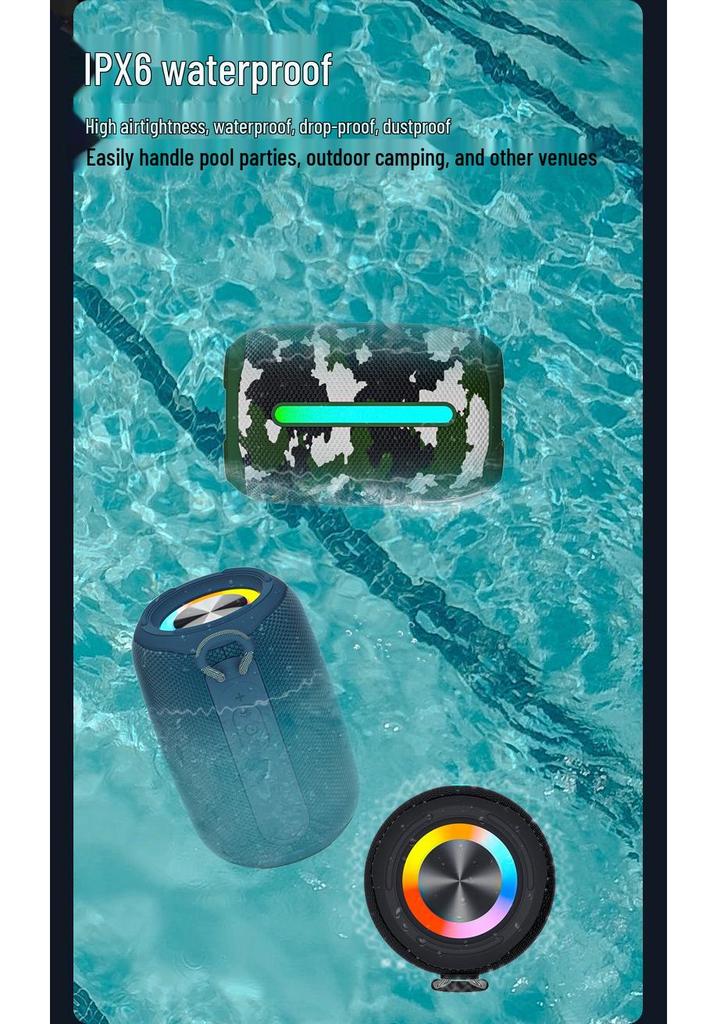 Portable Waterproof Bluetooth Speaker with High-Quality Sound, Colorful Lights, Ideal for Outdoor Parties.