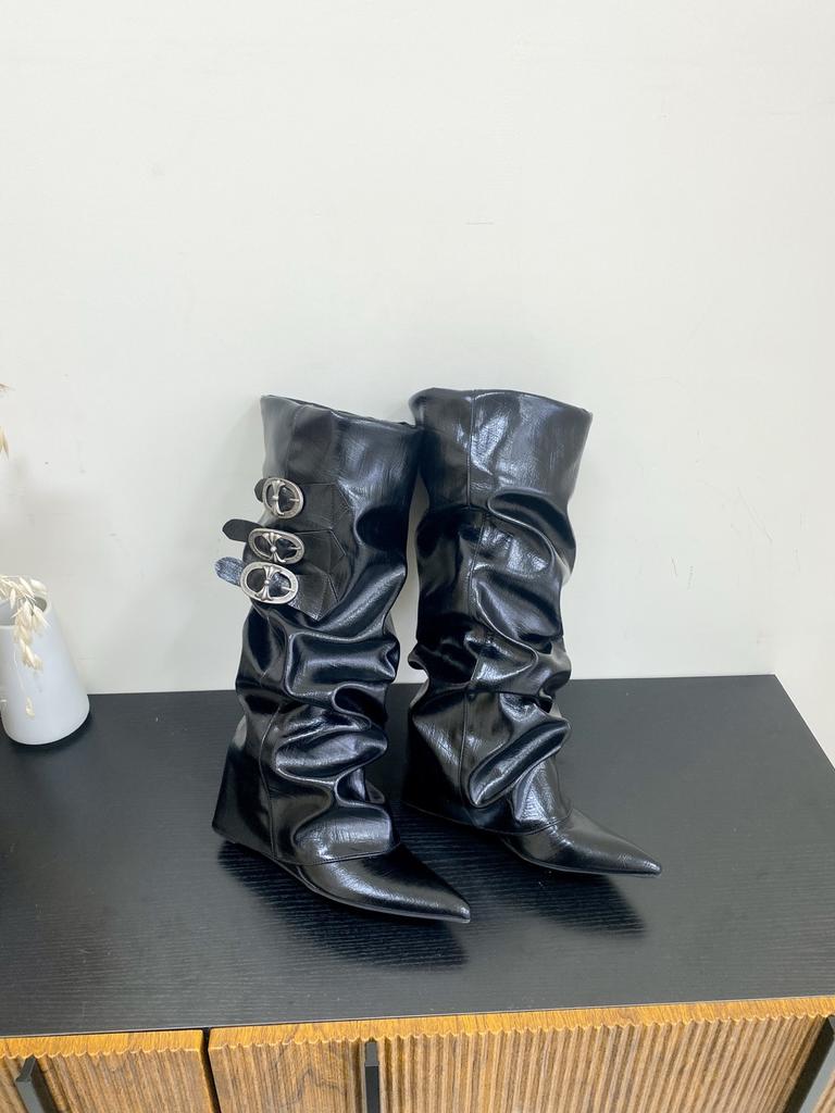 European and American style metal buckle pointed head wedge heel thin trouser tube boots
