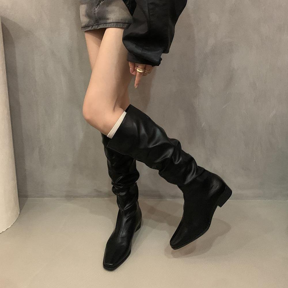 French Retro Brown Pile Boots Western Boots Early Autumn Small Khaki Boots Thick Heel High Boots Women's Boots