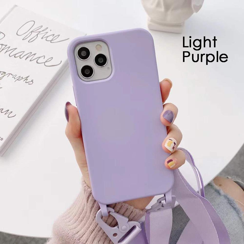 Funda de Silicona con Cordón para iPhone 11 12 13 14 15 Pro Max Color Caramelo Cubierta Trasera Suave con Cordón para el Cuello.