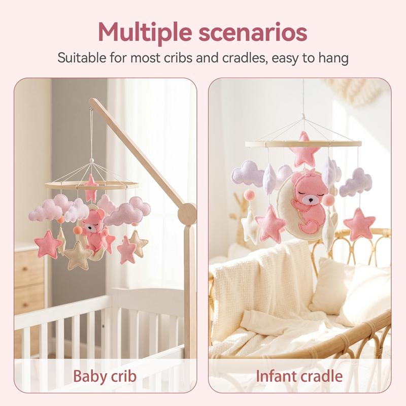 Music Box Bed Bell Hanging Bracket Toy Wooden Crib Mobile Baby Bed Bell Rattle Toy Soft Felt Cartoon Bear Mobile Bracket Newborn