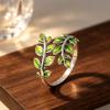 Artistic Retro Blue-enameled Green Leaf Open Ring