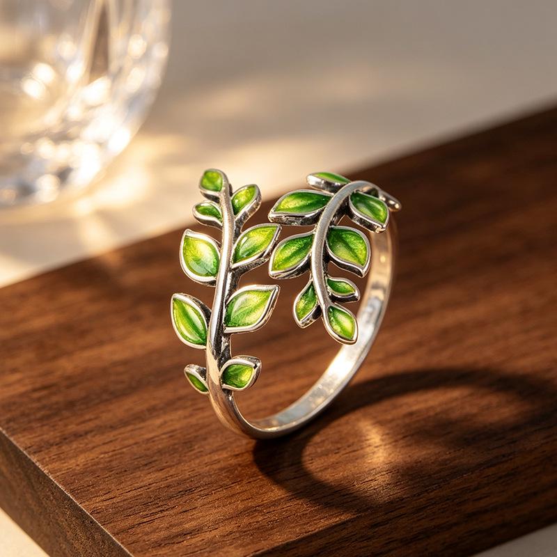 Artistic Retro Blue-enameled Green Leaf Open Ring