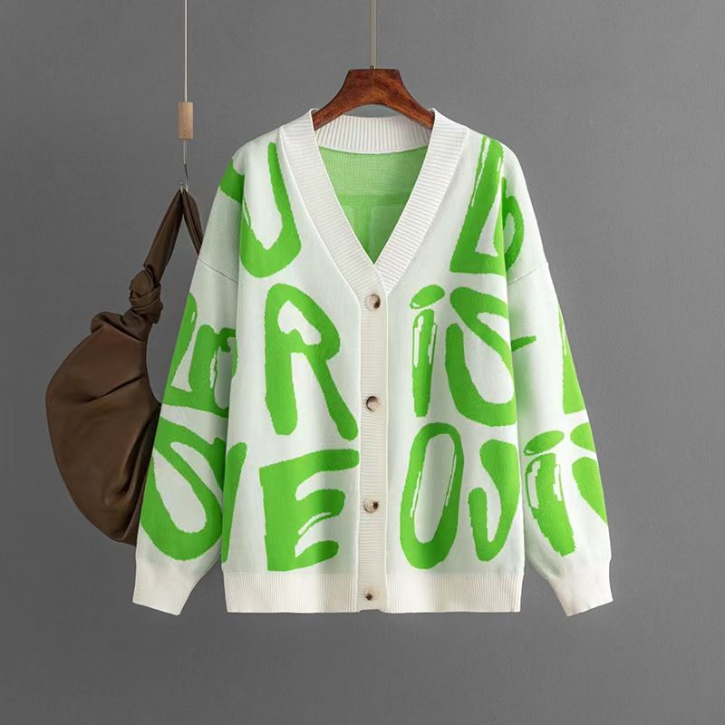 

European and American Single-Breasted Long sleeve Knit Letter Jacquard Cardigan sweater Letter Jacquard Sweater Green All yards