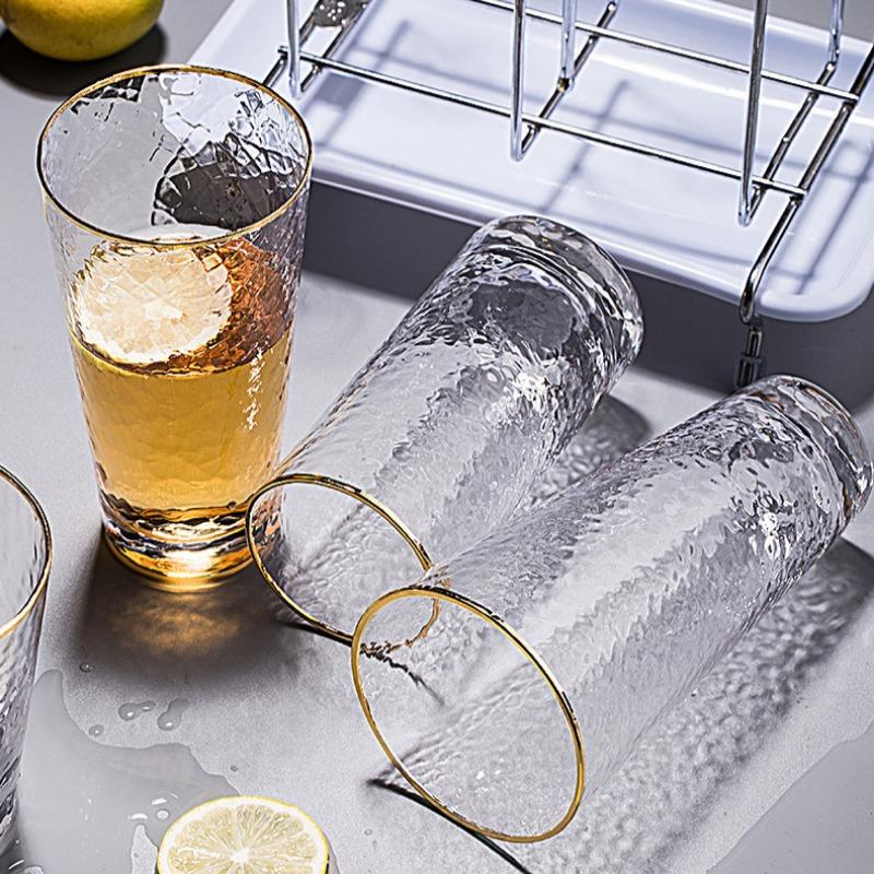 Wine Glass Lead Free Glass Cup Ins Style Gold Border Hammer Pattern Cup Set Juice Milk Tea Cups for Home Bars and Restaurants