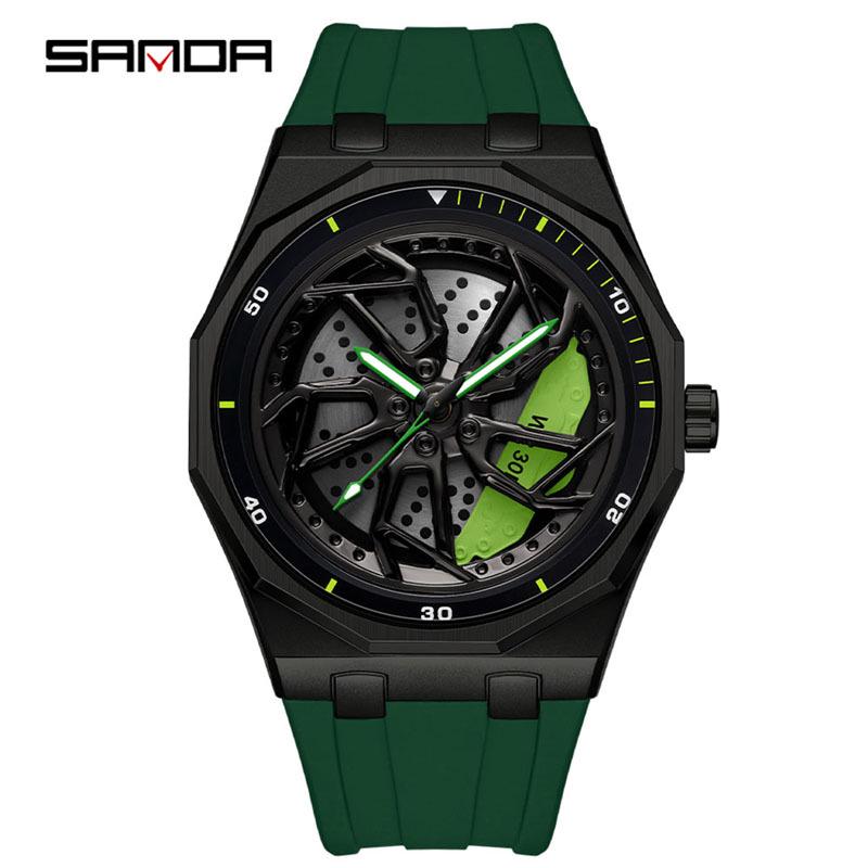 Sanda Men's Waterproof Alloy Car Wheel Design Silicone Wristwatch