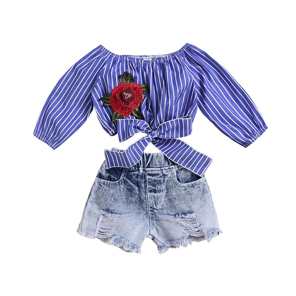 Denim Shorts Pants Jeans Outfits Clothes 2Pcs//Set Kids Baby Girl Off shoulder Flower T-shirt Tops
