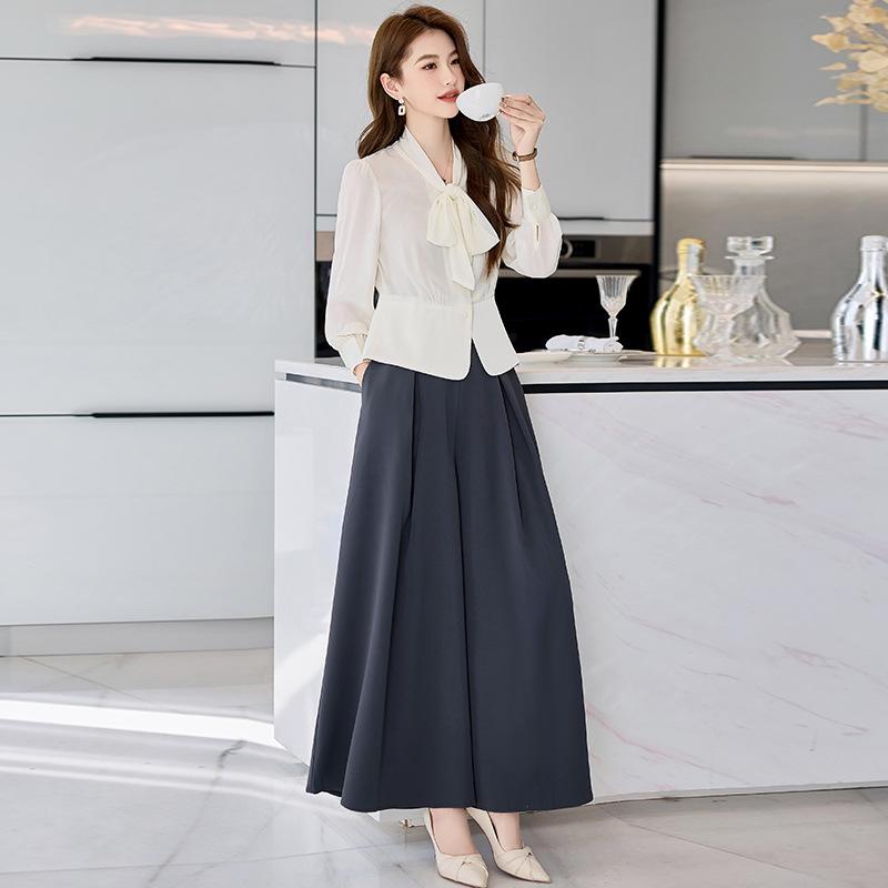 2025 Frühling & Herbst High-End Mode Zweiteiler: Schnürhemd mit langen Ärmeln & Weitbeinige Hose Set