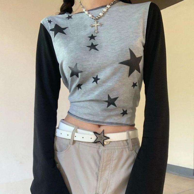 

2KWEIRD Y2k Эстетика Звездный Принт Футболка Длинный Рукав Весна Базовая Уличная Одежда Укороченный Топ Облегающий Харадзюку Контрастный Цвет Повседневная Футболка XL чёрный/серый