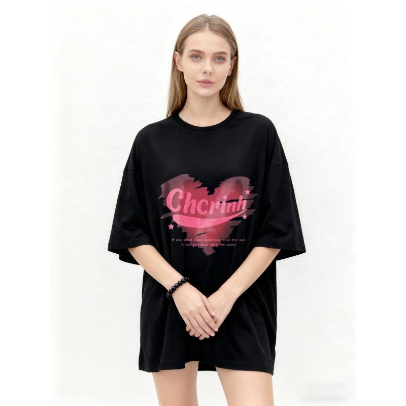 Oversized T Shirt Black Chrinh Heart Print With Stars And Inspirational Quote For Casual Wear