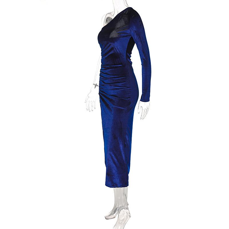 Women Elegant Long Sleeve Party Evening Velvet Bodycon Split Pencil Midi Dress 2022 Spring Autumn Clothes