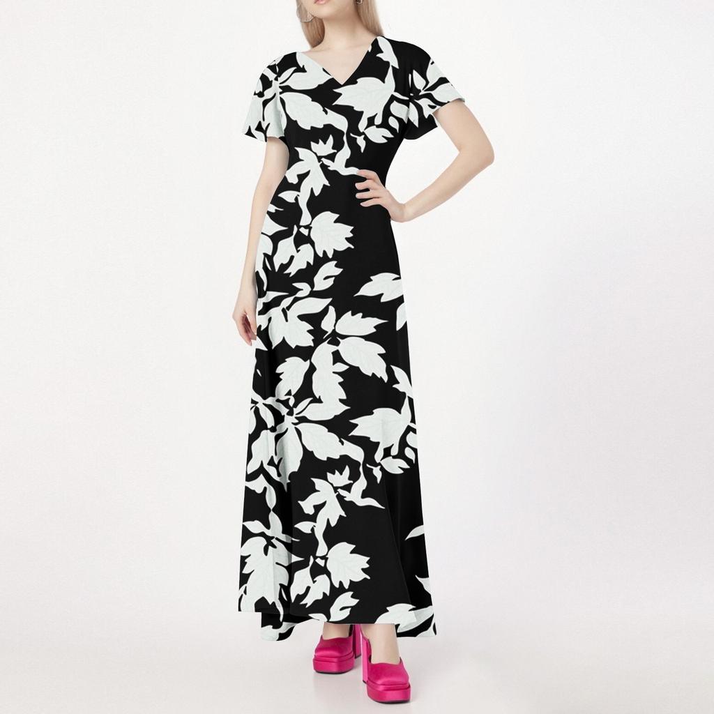 Women's Casual V-neck Short Sleeve High Waist Retro Flower Leaf Print Dress