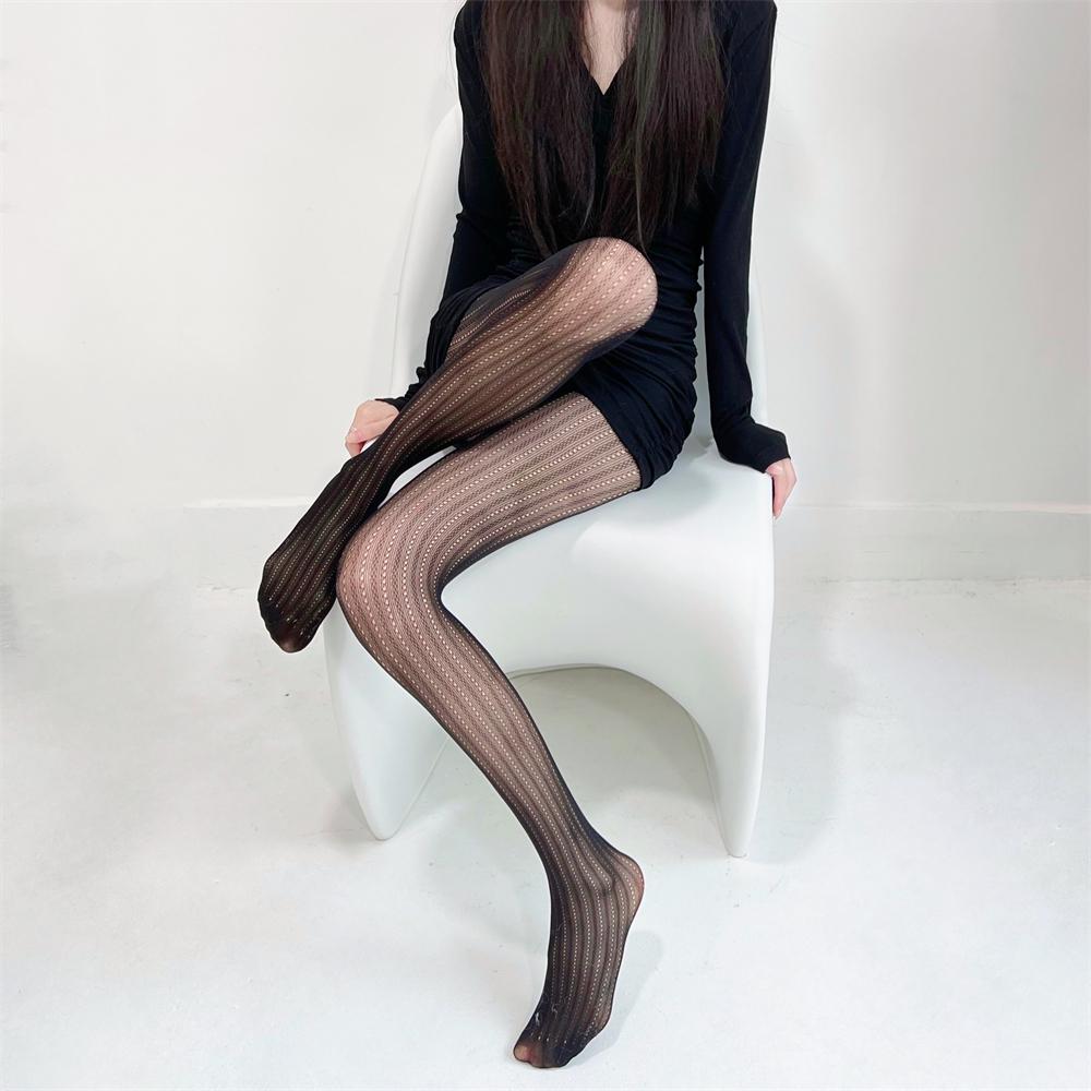 1Piece Women'S Sexy Vertical Strip Slim Black Silk Hollowed-Out Lace Retro Pantyhose