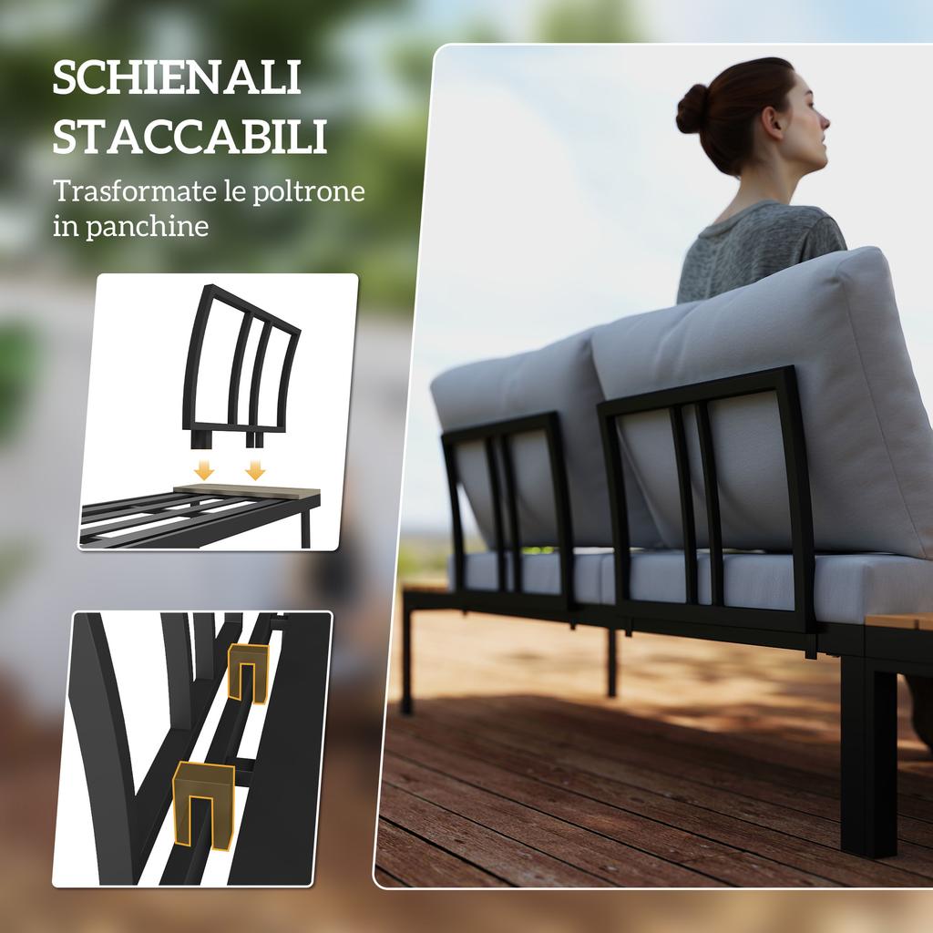 Garden Set 4 Pieces with 2 2-Seater Loveseats and 2 Coffee Tables In Metal and Composite Wood, Grey Black and Teak