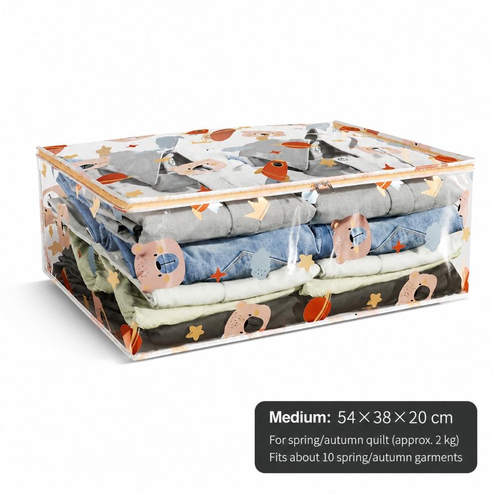 PEVA Transparent Zipper Storage Bag For Quilts, Blankets And Clothes, Cartoon Print Organizer For Bedroom Wardrobe And Closet, Three Sizes