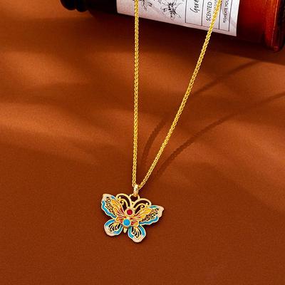 Vintage Vietnamese Gold Butterfly Necklace - Ethnic Filigree Design with Drip Oil Finish