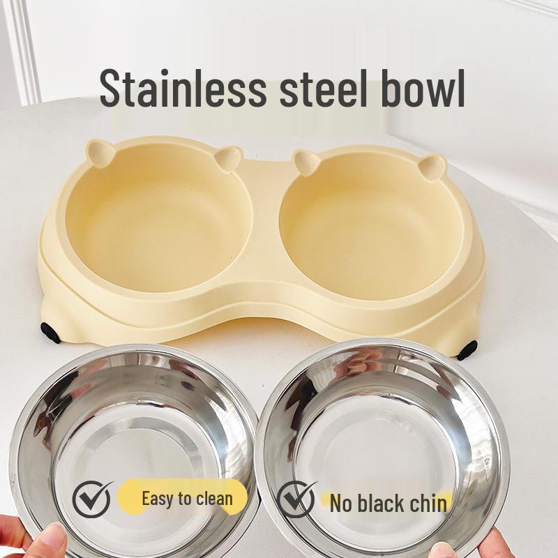 Nakloněná nerezová kočičí miska: Dvoumiskový design proti rozlití s ochranou krku pro krmení a pití