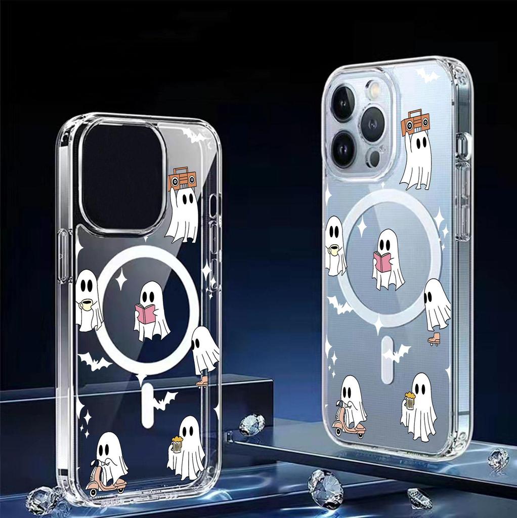 Cartoon Ghost Magnetic Transparent Full Coverage Case for iPhone 15/16/17 Pro Max