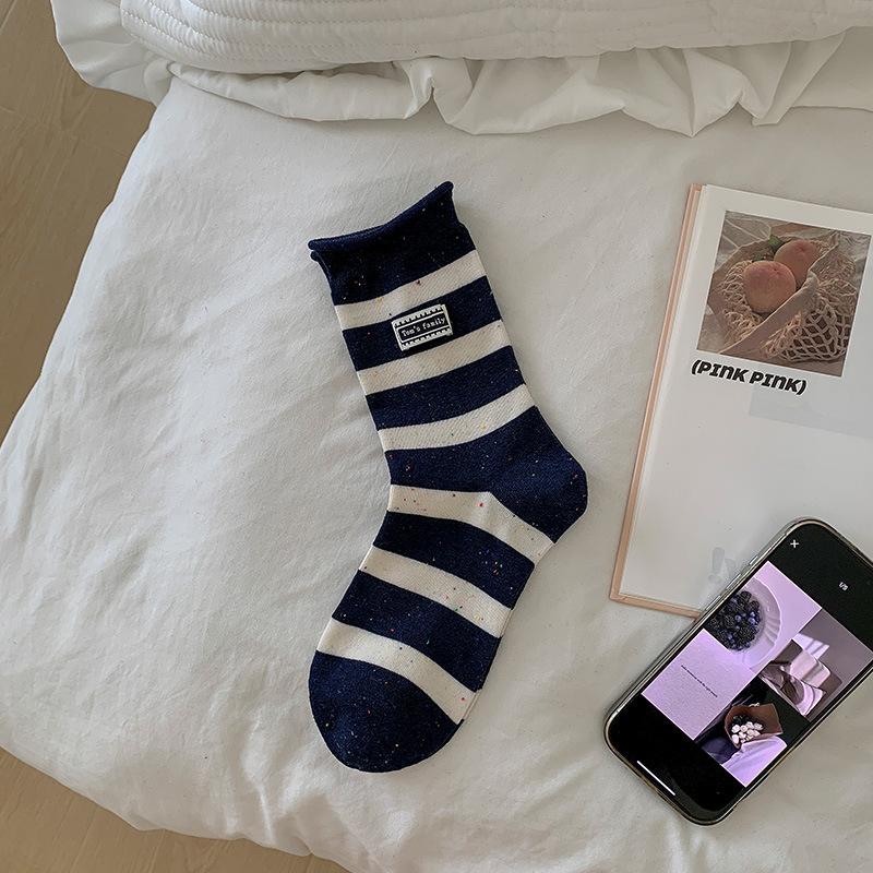 Female Spring and Autumn Sweet Idea Yarn Stripe Lace Letter Cloth Label Boneless Tube Pile Socks