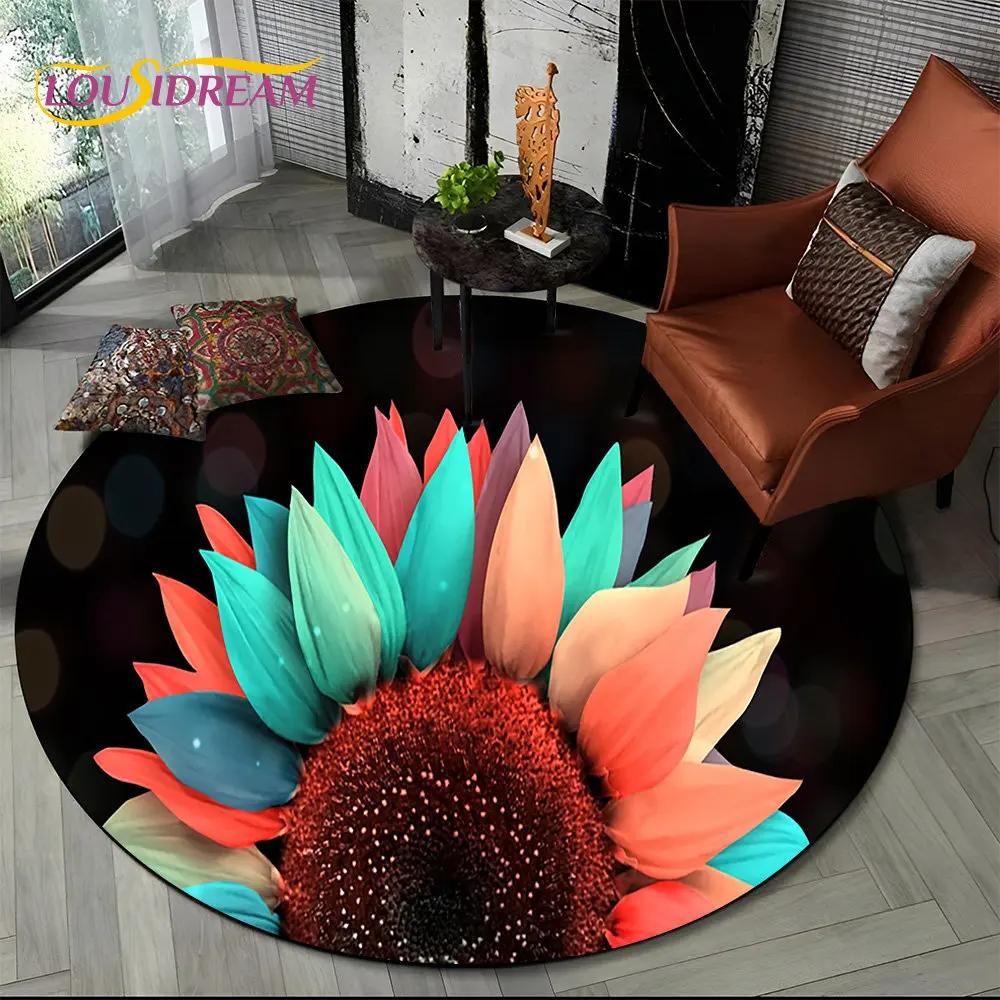 3D Daisy Nordic Flower Sunflower Round Area Rug,Carpet for Living Room Children's Bedroom Sofa Playroom Decor,Non-slip Floor Mat