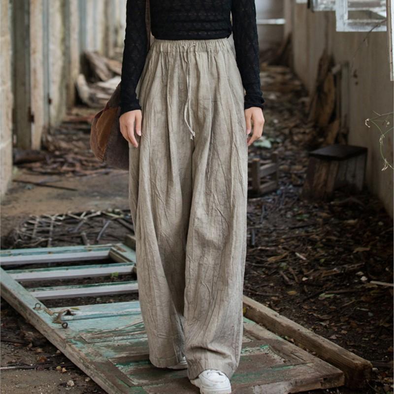 Johnature Pantalones casuales de pierna ancha para mujer, pantalones tie-dye de cintura elástica, otoño, bolsillos, cinturón, pantalones largos
