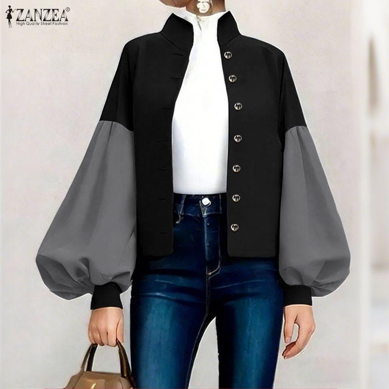 ZANZEA Women CasuaL Stand Collar Splice Puff Long Sleeve Blouse