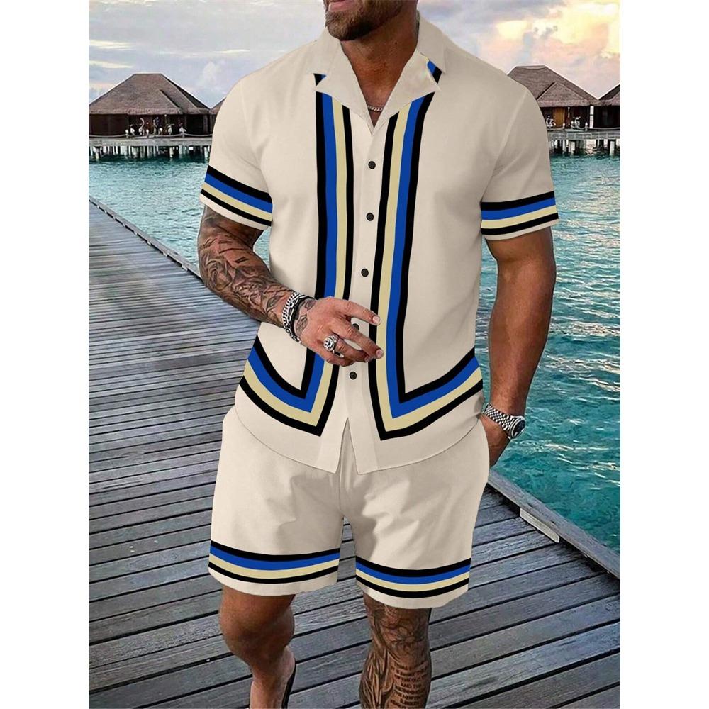 2024 New Men's Beach Wear 2-Piece Quick Drying Hawaiian Shirt and Shorts Set Summer Men's Fashion Striped Print Casual Wear