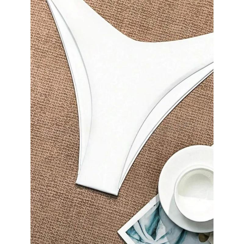 2025 Women White Bikini Chest Padded New Sexy Halter Bikini Two-Piece Set with Drawstring Straps Solid Brazilian Bathing Suit