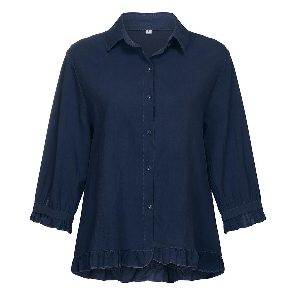 Women's Cotton And Linen Lace Solid Color Button Up Shirt Upper Hem Short Sleeve