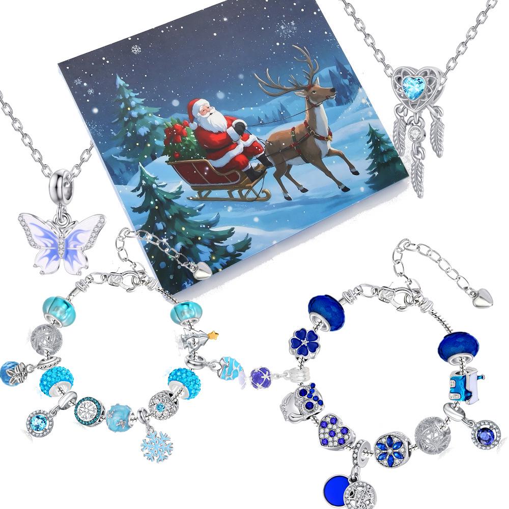 31-Piece Blue Christmas Beaded DIY Dream Catcher Heart-Shaped Charm Bracelet & Necklace Gift Box for New Year