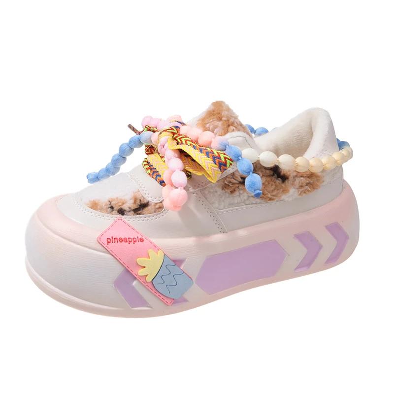 Fashion Designer Cute Kawaii Dad Shoes for Women Girls Platform Vulcanized Shoes Ladies Colorful Round Head Casual Fur Warm Shoes Winter