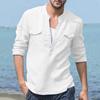 Men's Long Sleeve Pullover Shirt, Loose Fit Cotton Blend Solid Color Mandarin Collar Shirt, Casual All Season Daily Top