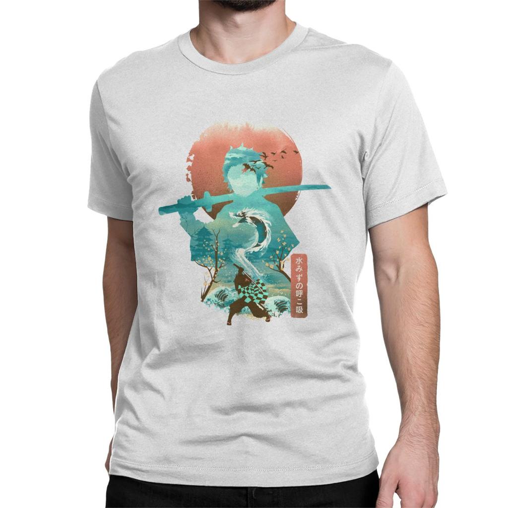 Men T Shirt Ukiyo E Breath Of Water Classic Vintage Pure Cotton Tee Shirt Demon Slayer