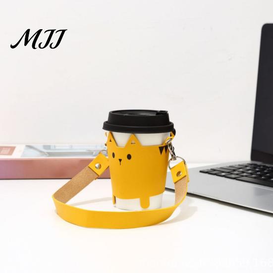 Reusable Coffee Cup Cover Cute Cat PU Leather Sleeve with Lanyard, Insulated for Holder, Portable Protective Travel And Outdoor Use Adjustable Carrier