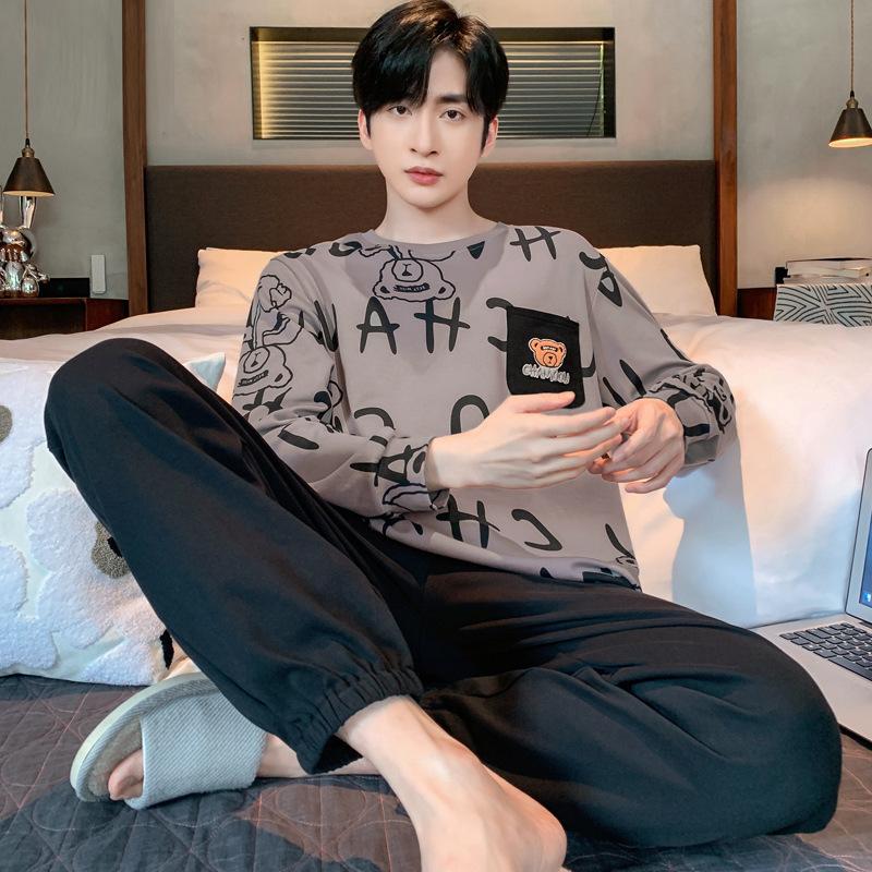 Spring and Autumn Men's New Pajamas Homewear Suit Teenage Sports Long-Sleeved Loose Leisure Large Size Pajamas Homewear Suit