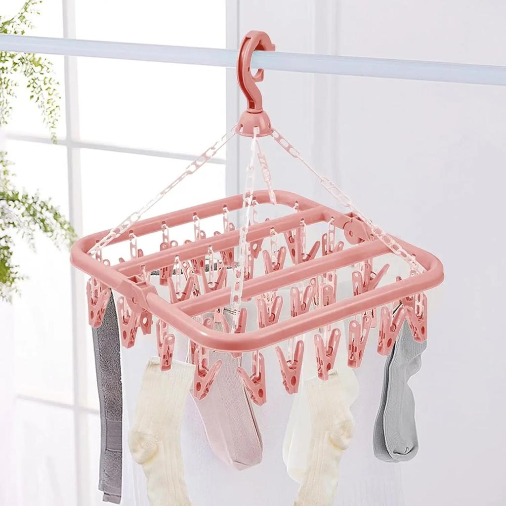 Pink 32 Clips Clothes Drying Hanger,PP Windproof Clothespin for Underwear Sock,Household Foldable Multi-functional Laundry Racks
