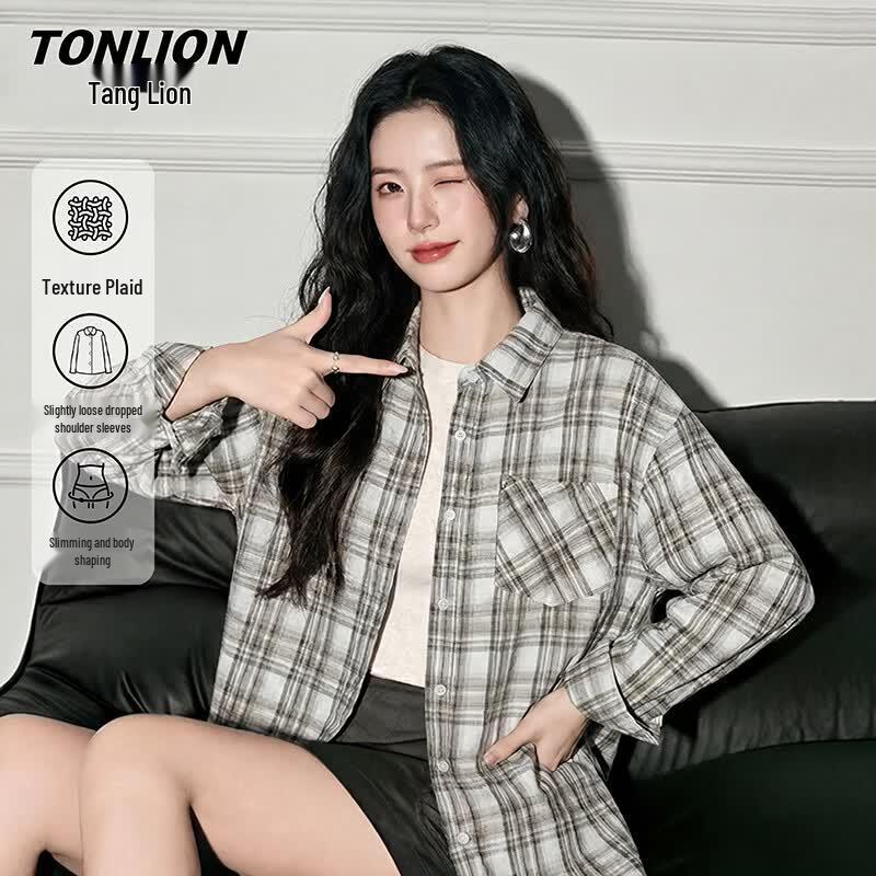 TonLion Women s Plaid Long Sleeve Loose Casual Shirt M