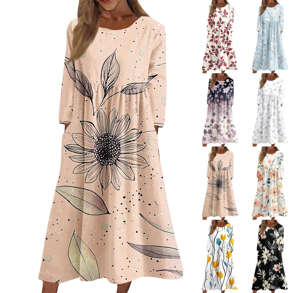 Women's Casual Round Neck Floral Print Midi Dress Long Sleeve Pocket Dress