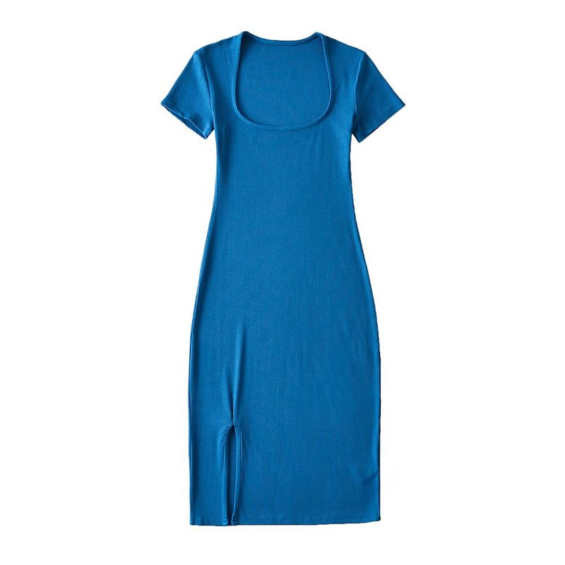 

240G High Weight European and American Pure Desire Fried Street Front Slit Short sleeve Square Collar Dress Women Pullover Solid Cotton Long Dress Peacock Blue S
