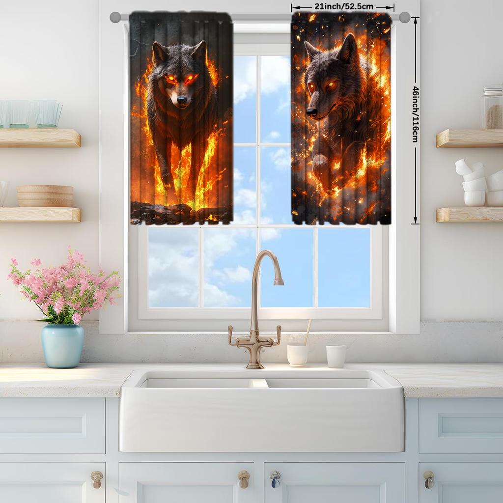 2pcs Flaming Wolf King Decorative Curtains   Suitable for Family and Friends   Sunshade and Privacy-protecting Pole-style
