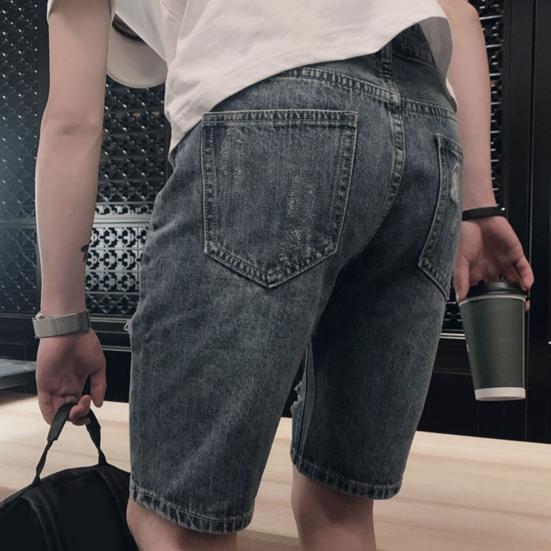 Sommer Ripped Holes Denim Shorts Mittelhohe Taschen Reißverschluss Knopfleiste Gerades Bein Knielange Herren Kurze Jeans Streetwear