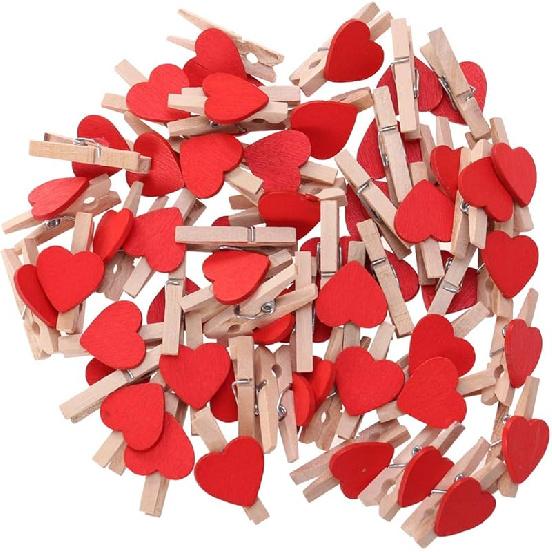 Kisangel 50pcs Mini Heart- Shaped Wooden Clips DIY Craft Clips Photo Paper Pegs for Photos Cards Paintings Scrapbookings Wedding Valentines Day Decor
