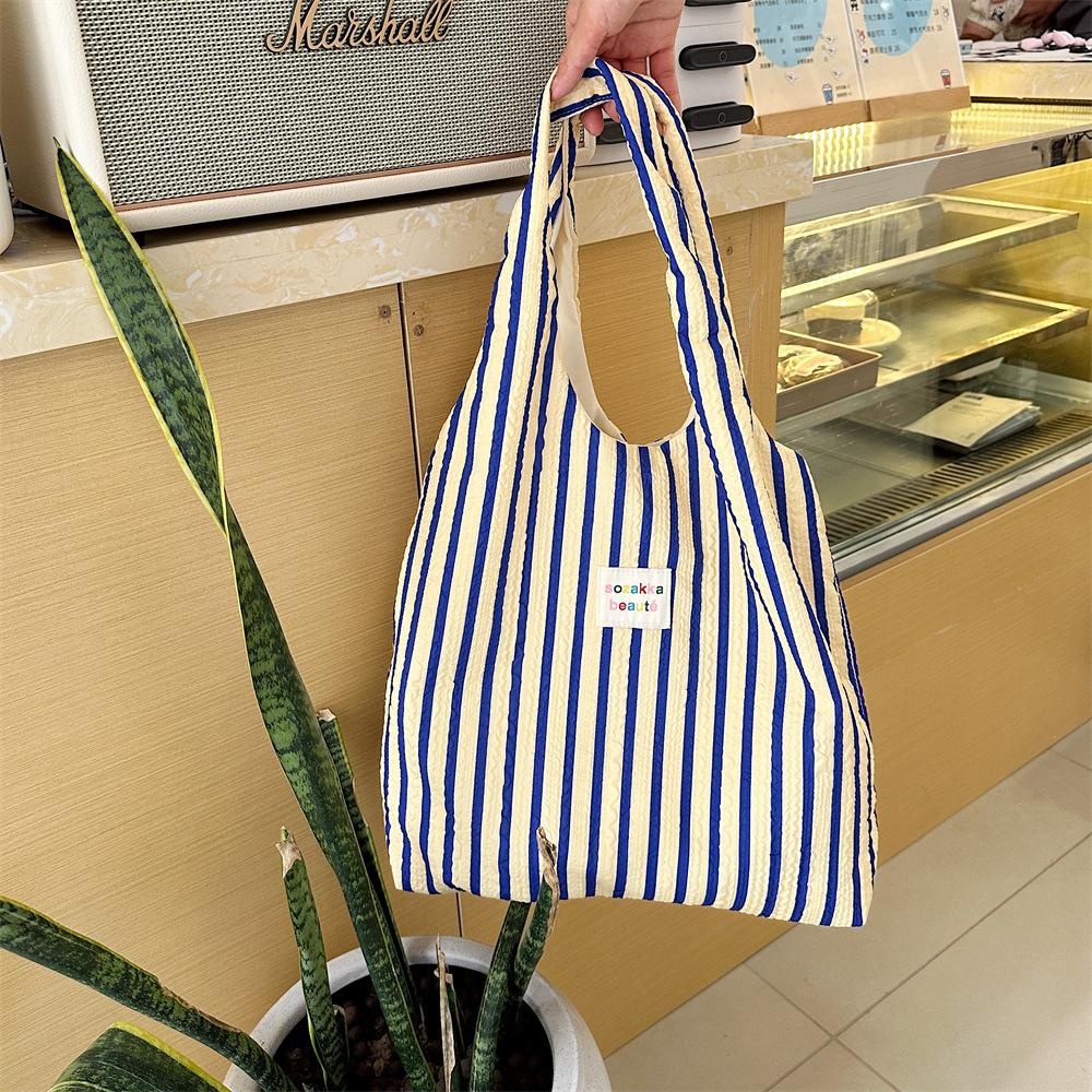 Japanese and Korean, Striped, Hand-held Tote Canvas Bag, Women, Summer, Large Capacity, Commuting, Shoulder Bag, Work Tote Bag