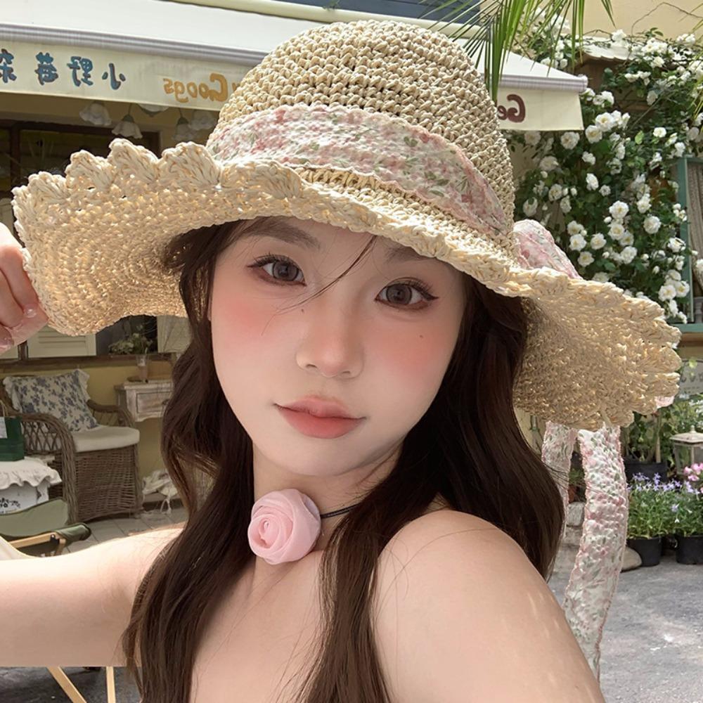 Big Brim Lace Straw Hat Spring Summer Women's Sun Hat Elegant Bow Ribbon Straw Hat  Lady