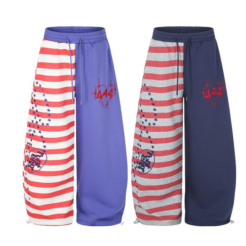 Unisex Retro Streetwear Cargo Joggers Wide Leg Relaxed Fit With Geometric Print Cotton Blend Elastic Waist Drawstring