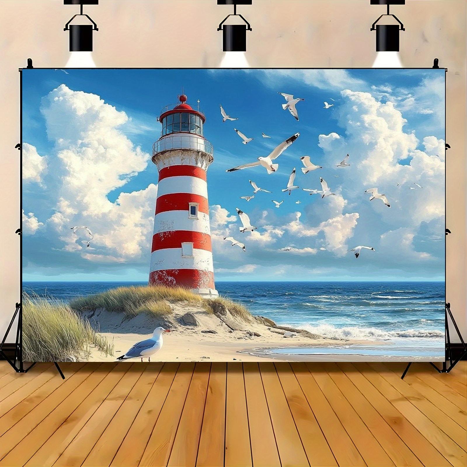 2D plane 1 lighthouse sea view with birds on the coast oceanic dreamy art beach summer party in the ocean (as the picture,100x150cm)