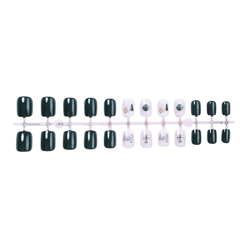 Simple Deep Green Christmas Tree Press-On Short Oval Nails