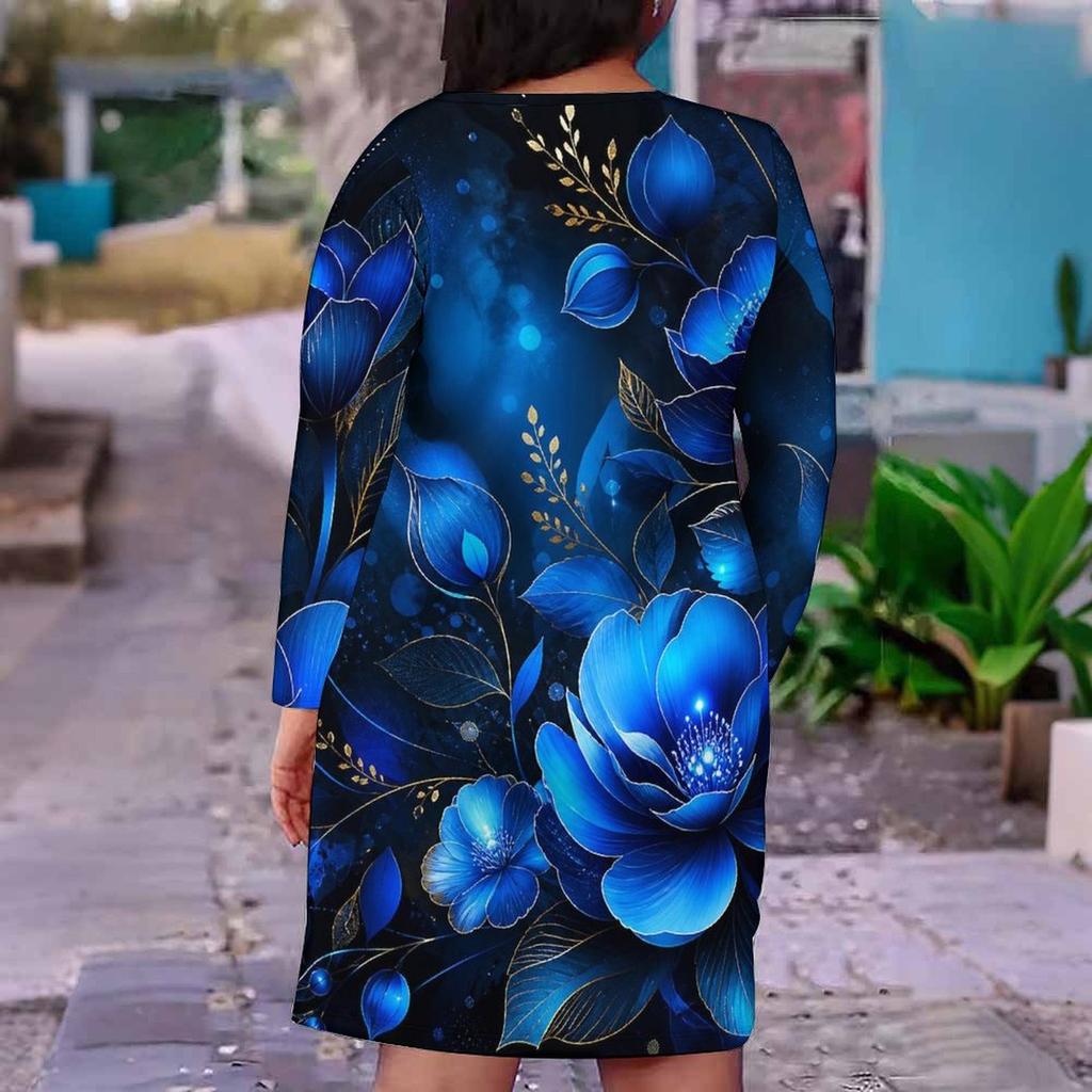 Women Plus Size V Neck Long Sleeve Blue Floral Printed Fitted Straight Dress